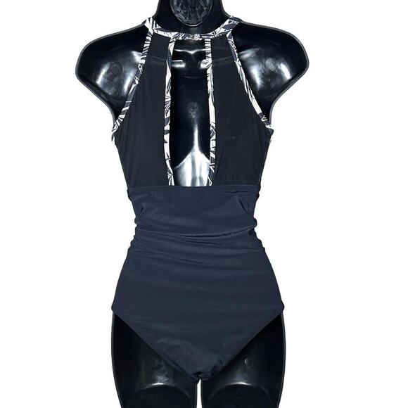 NWT Tempt Me Women’s High Neck Ruched One Piece Swimsuit Black Leaves Size M - Picture 4 of 8